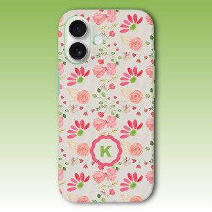 Coques iPhone 16 Monogramme végétal rose et vert