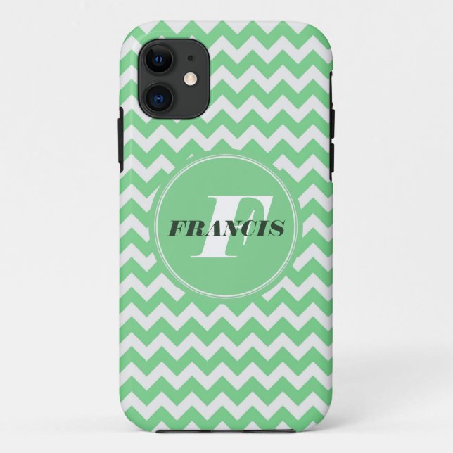 Coques Case-Mate iPhone Monogramme vert et blanc Motif Chevron (Dos)