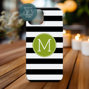 Coques Pour iPhone Monogramme vert Motif rayé noir et blanc