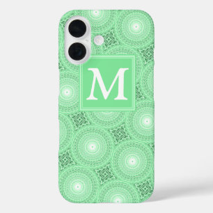 Coques iPhone 16 Monogramme vert ressort cercles motif