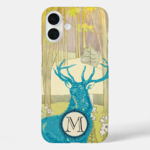 Coques iPhone 16 Plus Monogramme Vintage Deer Art Nouveau Forêt