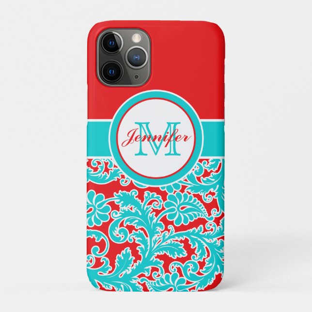 Coques Case-Mate iPhone Monogrammed Blue, Rouge, Blanc Damas iPhone 11 (Dos)