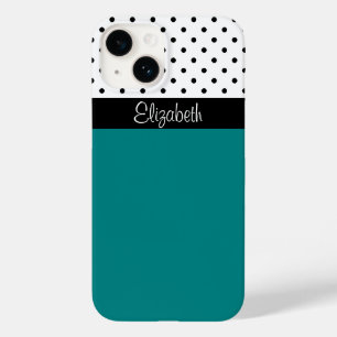 Coque Pour iPhone 14 Monogrammed Turquoise, noir et blanc Poka Dot