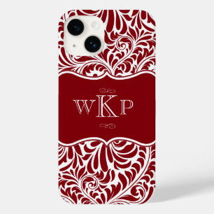 Coque Pour iPhone 14 Monogrammes personnalisés Cranberry Damask Pattern