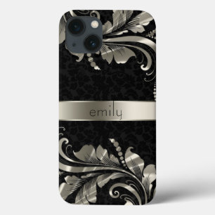 Etui iPhone 13 Monotones Noires Damas Et Fleurs Argent
