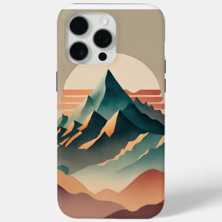 Coque iPhone 15 Pro Max Montagnes D'Aquarelle Tonées De Terre Avec Soleil