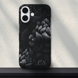 Coques iPhone 16 Moody Black Peony Monogramme Girly Goth Floral
