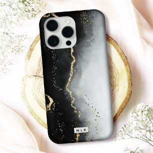 Coque iPhone 15 Pro Max Moody moderne Ombre Agate noir et Monogramme perso
