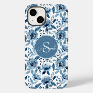 Coque Pour iPhone 14 Motif à aquarelle bleu avec Monogramme