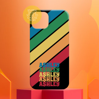 Coques iPhone 16 Pro Motif à bande rétro Rainbow Stoppé Nom