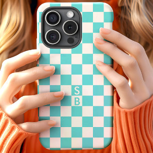 Coque Pour iPhone 15 Motif à carreaux aqua et blanc avec monogramme