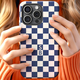 Coque Pour iPhone 15 Motif à carreaux rétro Navy avec monogramme