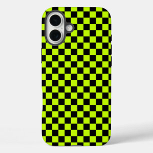 Coques iPhone 16 Plus Motif à carreaux vert acide et noir
