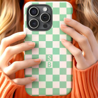 Motif à carreaux vert menthe et blanc avec monogra