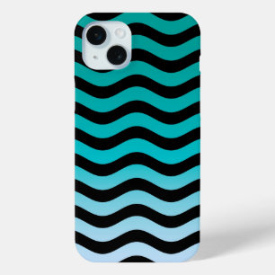 Coque iPhone 15 Mini Motif à rayures turquoise ondulées