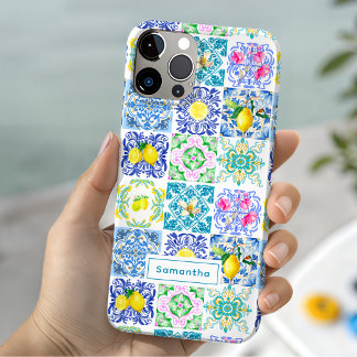 Coque Pour iPhone 15 Motif Amalfi Azulejo Sicilien Bleu Estival