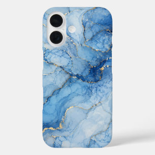 Coques iPhone 16 Motif aquarelle de marbre bleu avec veines dorées