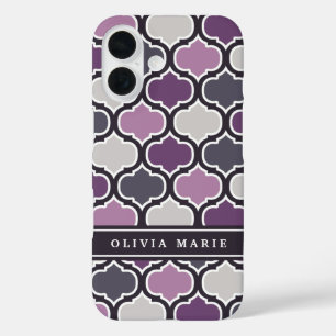 Coques iPhone 16 Motif arabesque violet foncé Nom personnalisé