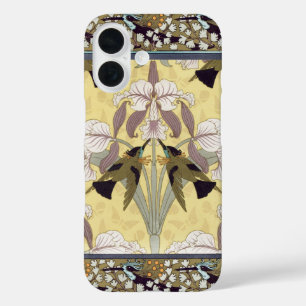 Coques iPhone 16 Motif Art Nouveau d'orchidée colibri vintage