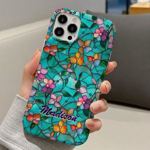 Coques iPhone 16 Motif artistique floral turquoise violet en verre