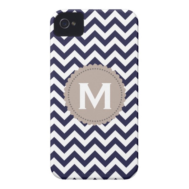 Coques Case-Mate iPhone Motif blanc de Chevron de monogramme de bleu (Dos)