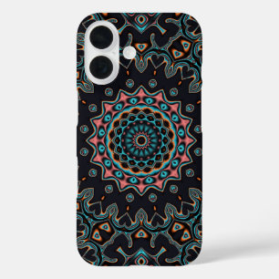 Coques iPhone 16 Motif bleu Turquoise noir rose Mandala Boho
