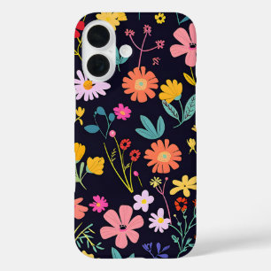 Coques iPhone 16 Motif bohémien floral coloré et fantaisiste foncé