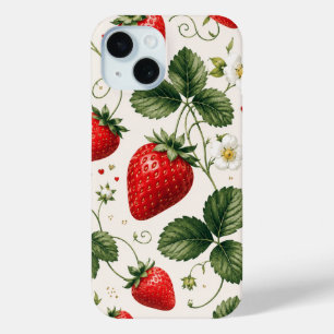 Coque Pour iPhone 15 Motif botanique de fraise sans couture de style vi