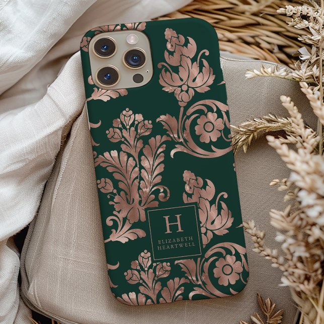 Coques Case-Mate iPhone Motif Botanique Monogramme Rose Or Emerald Green (Créateur téléchargé)