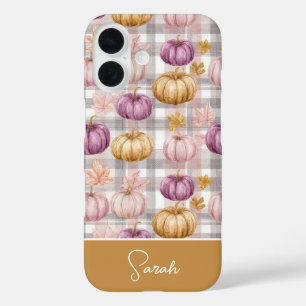 Coques iPhone 16 Motif carreau citrouille et fleurs personnalisé