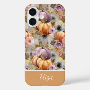 Coques iPhone 16 Motif carreaux citrouille et fleurs personnalisé