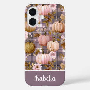 Coques iPhone 16 Motif carreaux citrouille personnalisée et fleurs