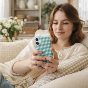 Coques iPhone 16 Motif carreaux gingham sarcelle et blanc