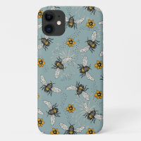 Motif d'abeille et de fleurs bleu français