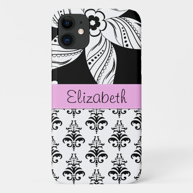 Coques Case-Mate iPhone Motif Damas, Damas noir et blanc, Votre nom (Dos)