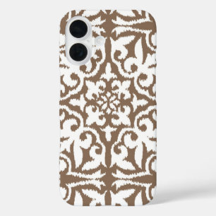 Coques iPhone 16 Motif damassé Ikat - Taupe Tan et Blanc