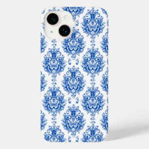 Coque Pour iPhone 14 Motif damassé méditerranéen bleu blanc élégant