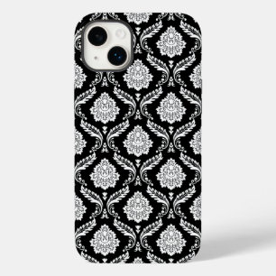 Coque Pour iPhone 14 Plus Motif Damassé Rococo Blanc sur Fond Noir