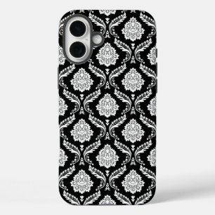 Coques iPhone 16 Plus Motif Damassé Rococo Blanc sur Fond Noir