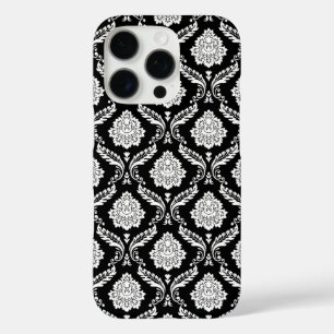 Coques iPhone 16 Pro Motif Damassé Rococo Blanc sur Fond Noir