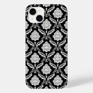 Coque Pour iPhone 14 Plus Motif Damassé Rococo Blanc sur Fond Noir