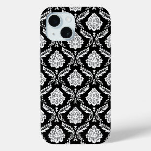 Coque Pour iPhone 15 Motif Damassé Rococo Blanc sur Noir
