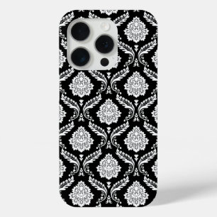 Coque iPhone 15 Pro Motif Damassé Rococo Blanc sur Noir