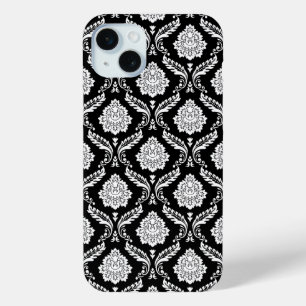 Coque iPhone 15 Mini Motif Damassé Rococo Blanc sur Noir
