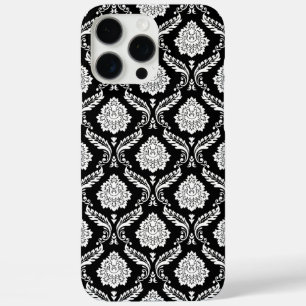 Coques iPhone 16 Pro Max Motif Damassé Rococo Blanc sur Noir