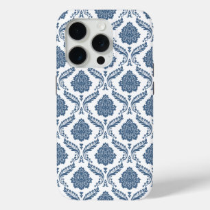 Coque iPhone 15 Pro Motif Damassé Rococo Bleu sur Blanc