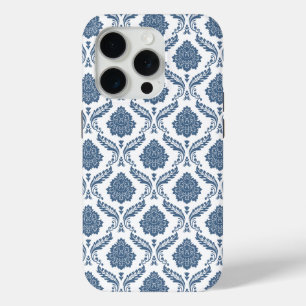 Coque iPhone 15 Pro Motif Damassé Rococo Bleu sur Blanc