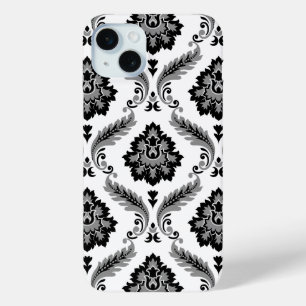 Coque iPhone 15 Mini Motif Damassé Rococo Gris Noir Blanc