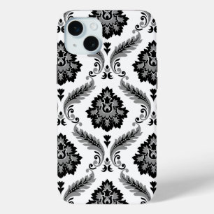 Coque iPhone 15 Mini Motif Damassé Rococo Gris Noir Blanc