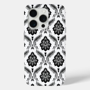 Coque iPhone 15 Pro Motif Damassé Rococo Gris Noir Blanc